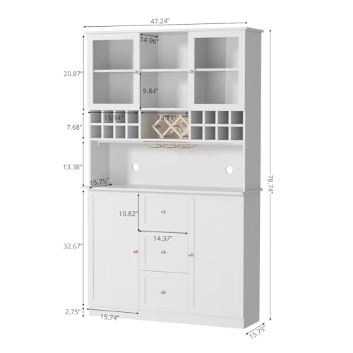 VOWNER 78'' Bar Cabinet with LED Light and Storage Shelves, Tall Freestanding Liquor Cabinet with Wine & Glasses Rack, Storage Cabinet for Kitchen,Dining Room, White VOWNER