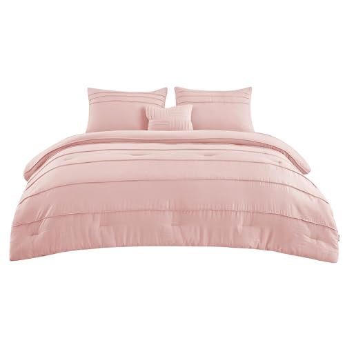 Bedsure Full Comforter Set - 4 Pieces Pinch Pleat Bed Set, Light Pink Boho Bedding for All Season, 1 Soft Comforter, 2 Pillowcases, 1 Decorative Pillow Bedsure