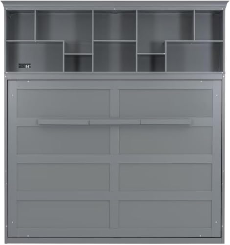 MERITLINE Queen Horizontal Murphy Bed Cabinet with Storage Bookcase Shelves and Charging Station,Wood Folding Grey Murphy Wall Bed for Adult MERITLINE