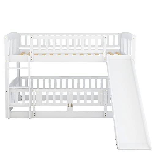 Merax Twin Over Twin Bunk Bed with Slide, Low Bunk Bed Frame with Convertible Ladder & Detachable Fence, Solid Pine Wood Structure for Bedroom, White Merax