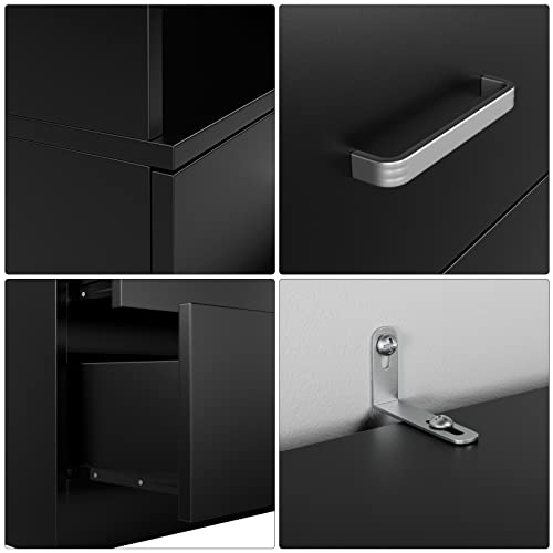 FOTOSOK 71 Inches Tall Vintage Storage Cabinet with 3 Drawers and Open Shelves - Elegant Wooden Bookshelf Organizer in Black FOTOSOK