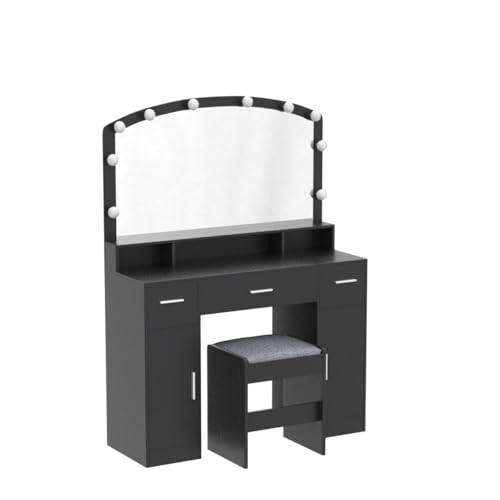 usikey Makeup Vanity with Lights, Vanity Desk, Makeup Vanity Table with 3 Drawers, 2 Cabinets & Long Storage Shelf, 10 Led Lights, Dressing Vanity Table with Stool, for Women, Girls, Bedroom, Black usikey