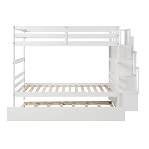 Twin Over Twin Bunk Bed with Trundle,Solid Wood Bunk Beds with Storage Stairs,Bunk Bed Twin Size with Stairs for Kids,Teens,Adults,White Bellemave