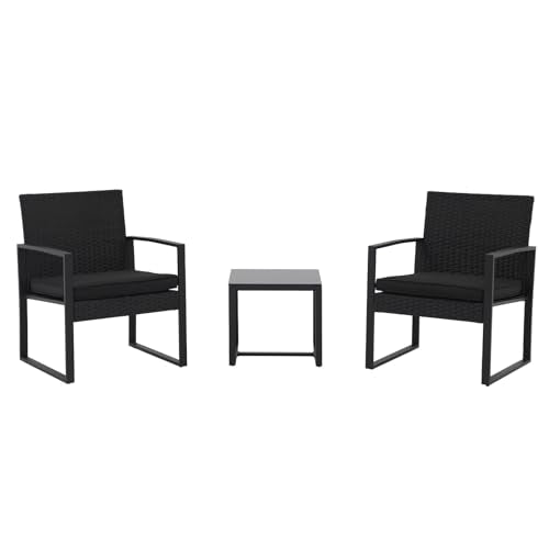 JOIVI 3 Pieces Patio Bistro Set, PE Wicker Outdoor Patio Furniture Set, Modern Rattan Patio Chairs with Coffee Table, Patio Conversation Sets for Balcony, Front Porch, Garden, Poolside, Black Cushions JOIVI