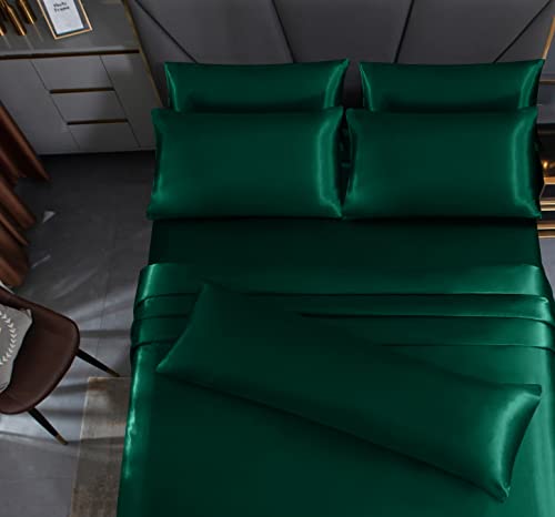 Homiest 7pcs Satin Sheets Queen Size Bed Set - Blackish Green Luxury Silky Satin Bedding - 1 Deep Pocket Fitted Sheet, 1 Soft Flat Sheet, 4 Pillowcases, 1 Body Pillowcase Homiest