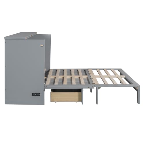P PURLOVE Queen Murphy Bed with Large Drawers, Wood Cabinet Bed with USB Port, No Box Spring Needed, Easy Assembly (Gray) P PURLOVE