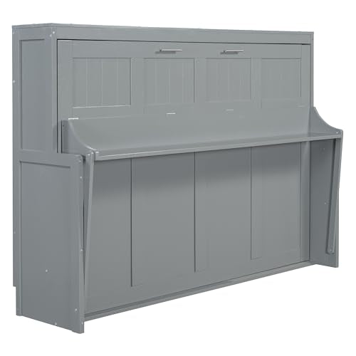 Merax Murphy Bed Full Size with Desk, Wood Folding Wall Bedframe with Smooth Hydraulic Lift, for Small Bedroom, Guest Room, Home Office, Grey Merax