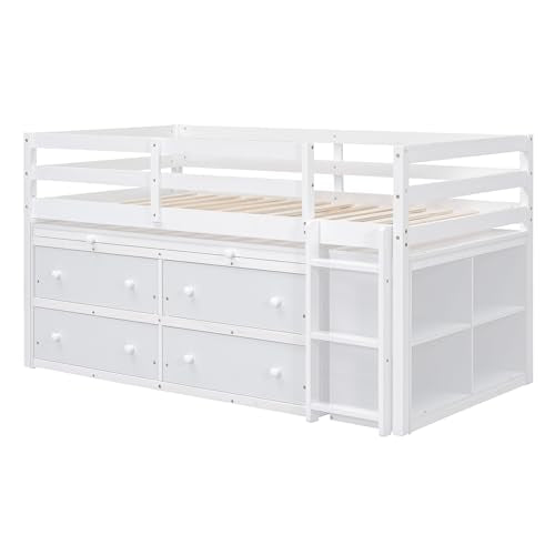 Ball & Cast Twin Size Loft Bed with Retractable Writing Desk & 4 Drawers,Wooden Bedframe W/Lateral Portable Desk & Shelves,Space Saving,Easy Assembly,Study Room Bedroom Set for Boy Girl Keens,White Ball & Cast