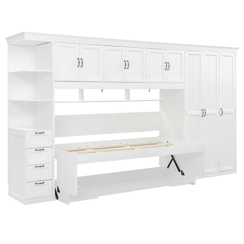 Ball & Cast Twin Size Murphy Bed with Wardrobe and 3 Top Cabinet,Wood Hideaway Wall Beds w/Desk & Storage Drawers,Dual-Piston Metal Folding System Cabinets,can be Folded,for Small Room,White Ball & Cast
