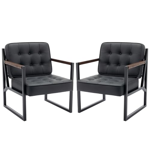 COLAMY Mid Century Modern Accent Chair Set of 2, Comfy Living Room Chair, Black Leather Accent Chair, Faux Leather Reception Armchair with Metal Legs for Living Room Bedroom Reception Office, Black COLAMY