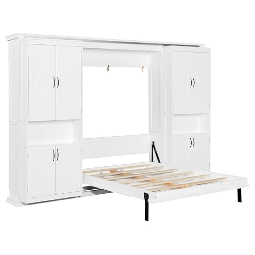 THINK 30 Full Size Murphy Bed with Dual 6-Tier Side Shelves&Dual Sliding Cabinet, Wooden Foldable Hidden Wall Bed with Large-Capacity Storage System, Space-Saving Murphy for Bedroom Study Home Office THINK 30