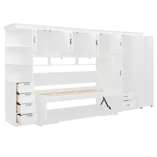 Ball & Cast Twin Size Murphy Bed with Wardrobe and 3 Top Cabinet,Wood Hideaway Wall Beds w/Desk & Storage Drawers,Dual-Piston Metal Folding System Cabinets,can be Folded,for Small Room,White Ball & Cast