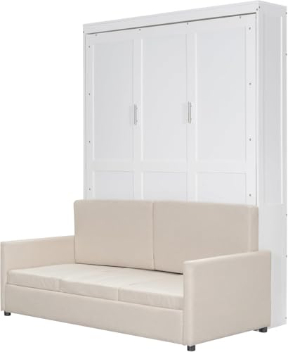 Virubi Queen Murphy Bed with Couch,Wood Folding Murphy Wall Bed Cabinet with Sofa (White,Queen) Virubi