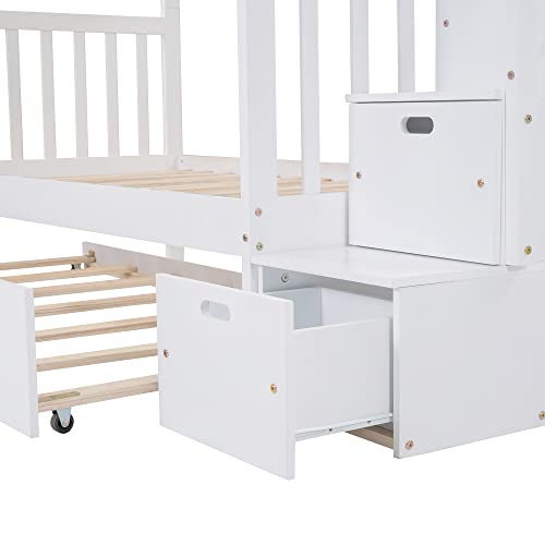Twin over Full Bunk Bed with Trundle, Wood Bunk Bed with Storage Cabinet and Drawers, Convertible Bunk Beds Twin over Full Size Split into 3 Beds for Kids, Teens, Adults, Noise-reduced, White Harper & Bright Designs
