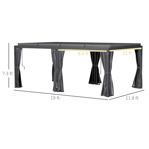 Outsunny 12' x 19' Louvered Pergola Hardtop Gazebo with Adjustable Aluminum Roof and Frame, Outdoor Pergola with Curtains and Netting, for Garden, Lawn, Backyard, and Deck, Dark Gray Outsunny