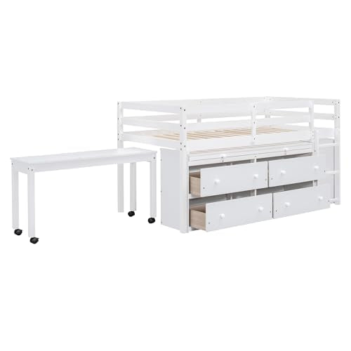 Ball & Cast Twin Size Loft Bed with Retractable Writing Desk & 4 Drawers,Wooden Bedframe W/Lateral Portable Desk & Shelves,Space Saving,Easy Assembly,Study Room Bedroom Set for Boy Girl Keens,White Ball & Cast