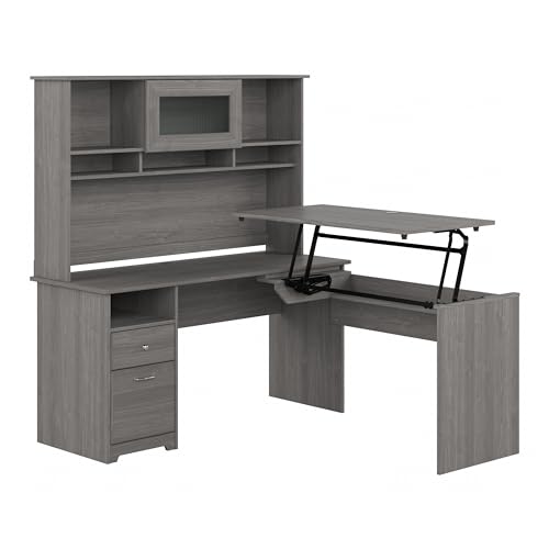 Bush Home Cabot 60W 3 Position Sit to Stand L Shaped Desk with Hutch in Modern Gray Bush Home