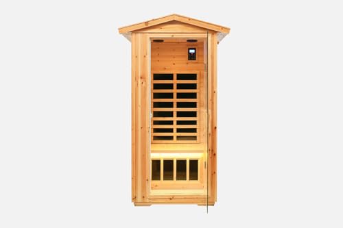 XDOUT Far Infrared Home, 1560W Spa Room Indoor&Outdoor Saunas with Control Panel, Tempered Glass Door, LED and Bluetooth Audio, 25°C-65°C, 1-Person Old Fir, Wood XDOUT