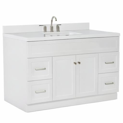 ARIEL Hamlet 55" White Bathroom Vanity with Sink, 1.5" Edge Pure White Quartz Countertop & Backsplash, Rectangular Sink, 2 Soft Closing Doors, 4 Full Extension Dovetail Drawers, Built in Toe Kick ARIEL