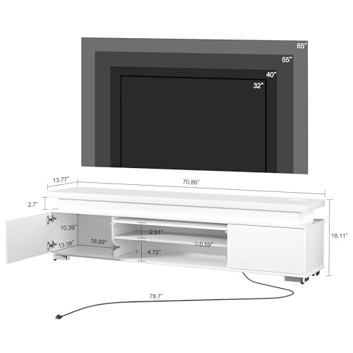 Algglobuy Low TV Stand for TVs up to 80 Inches with LED Lights, Entertainment Center TV Console Table with Storage and Power Outlet, High Gloss TV Stands for Living Room, Bedroom (White) Algglobuy