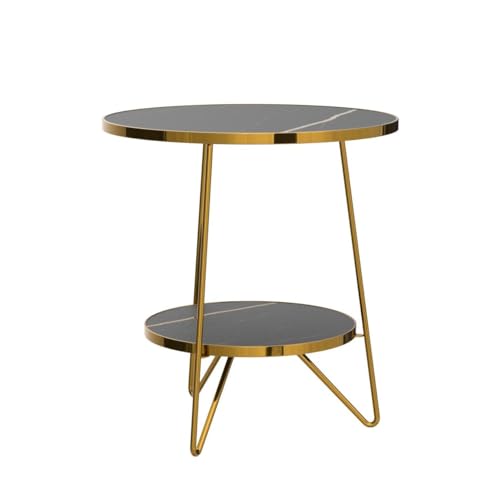 Tribesigns Faux Marble End Table, 2 Tier Round Side Table with Shelves, Modern Black Nightstand Bedside Table Small Coffee Accent Table for Living Room Bedroom, Black and Gold Tribesigns