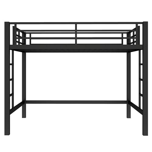 Full Size Metal Loft Bed with Safety Guardrails & Dual-Side Ladders for Kids Teens Adults,Heavy Duty Metal Loft Bed Frame with Sturdy Steel Slats & Large Under-Bed Space for Student Bedroom Dorm,Black FUvellamo