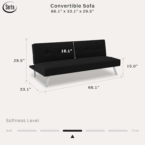 Serta® Rane Futon Sofa Bed 66.1", 3-in-1 Convertible Couch Sleeper for Small Spaces, Tufted Back, Twin Size Guest Bed, Black Woven Fabric Serta
