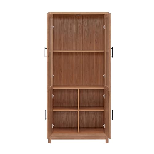 Manhattan Comfort Jodie Bookcase with 6 Adjustable Shelves, Tempered Glass Doors and Ribbed Wood Accents, Mid-Century Modern Book Shelf for Home Office & Living Room Storage, Set of 1, Maple Manhattan Comfort