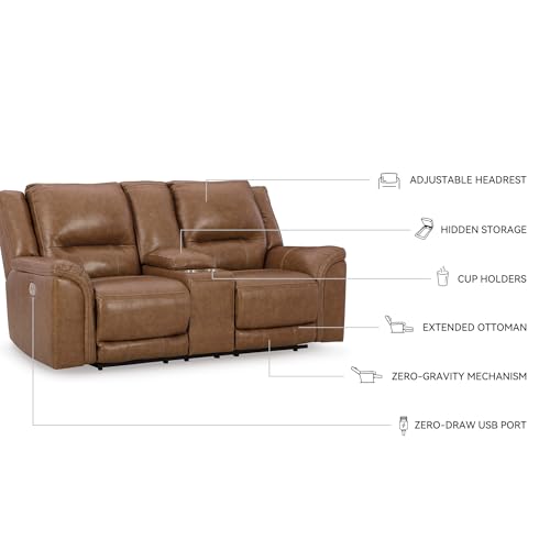 Signature Design by Ashley Trasimeno Contemporary Leather Match Power Reclining Loveseat with Console, Adjustable Headrest and USB Ports, Dark Brown Signature Design by Ashley