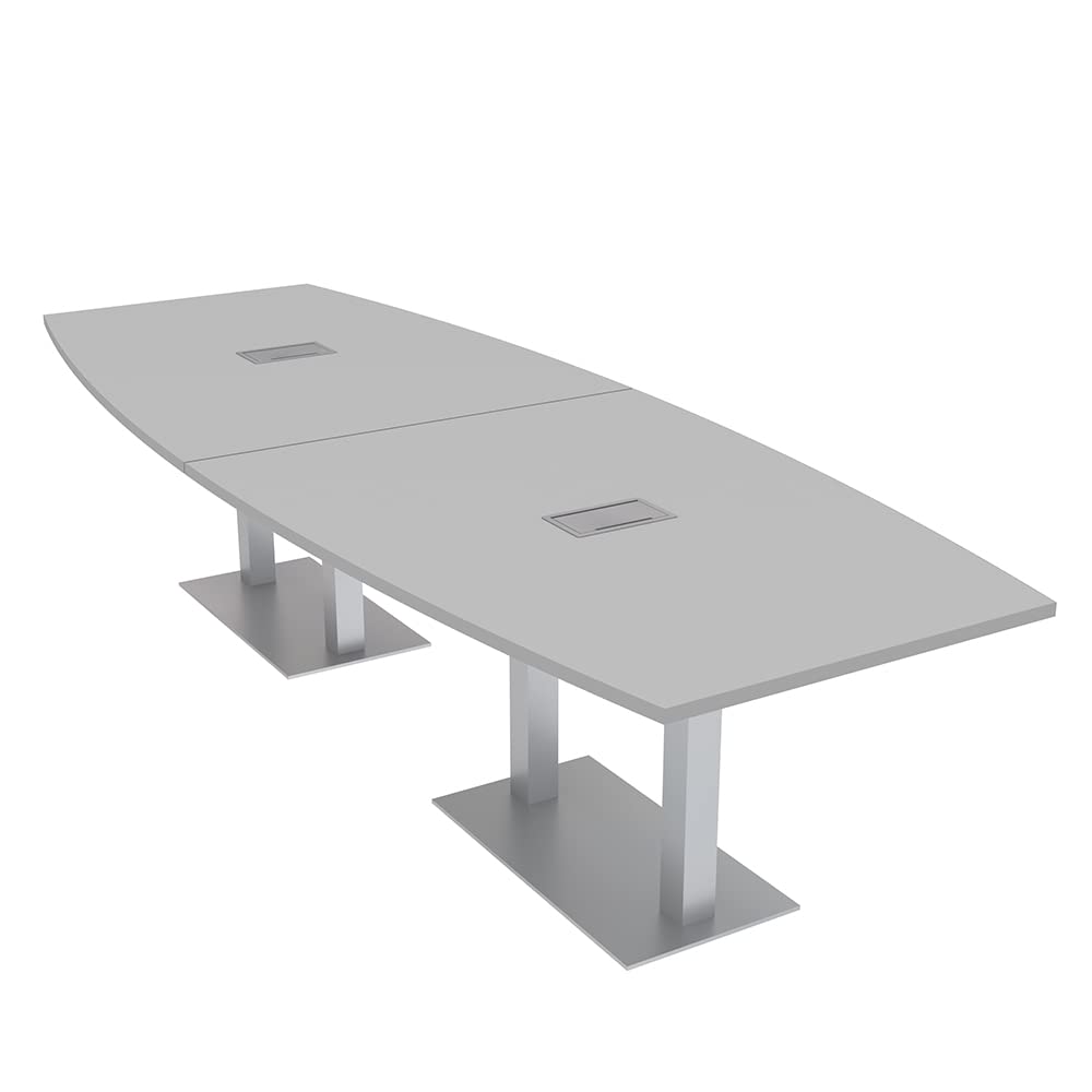 SKUTCHI DESIGNS INC. 10-Person Boat Shaped Modular Conference Table with Power and Data | Harmony Series | 10' Meeting Room Table | Scratch-Resistant Laminate | Square Metal Bases & Light Gray SKUTCHI DESIGNS INC.