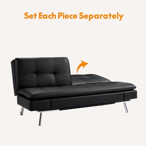 Modern Leather Convertible Folding Futon Couch Sofa Bed Adjustable Pillow Top Arm Memory Foam Couch Double Loveseat Sofa for Compact Living Space,Dorm,Game Studio,Apartment,Bedroom (Black PU) Klwenas Maec