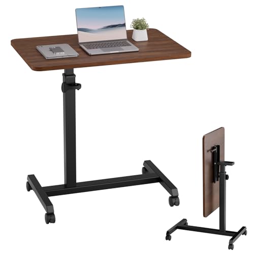 GTPLAYER Small Standing Desk, 24 Inches Mobile Foldable Rolling Laptop PC Table with Lockable Casters, Adjustable Height Overbed Bedside Table Computer Workstation for Home Office, Walnut GTPLAYER