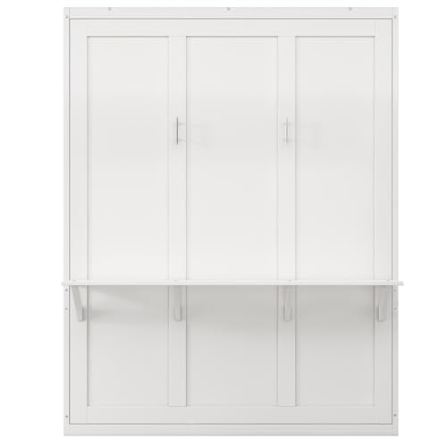 Ball & Cast Murphy Bed Queen Szie Multi-Function 68-inch Cabinet with Desk Combo,No Spring Box Required,Folding Wall Hideaway Bed Frame w/Slat Support,for Guest Room,Study, Office,White Ball & Cast