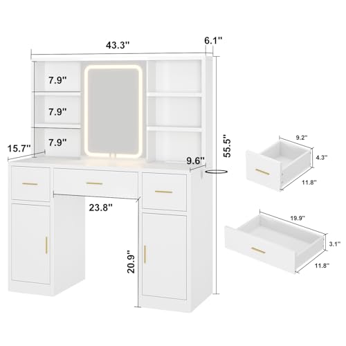 knoworld Vanity Desk with Sliding Mirror & LED Lights, Smart Makeup Table with Charging Station, Hairdryer Holder, 7 Shelves, 3 Drawers, 2 Cabinets, Vanity with Extra Hidden Stroage for Bedroom,White knoworld