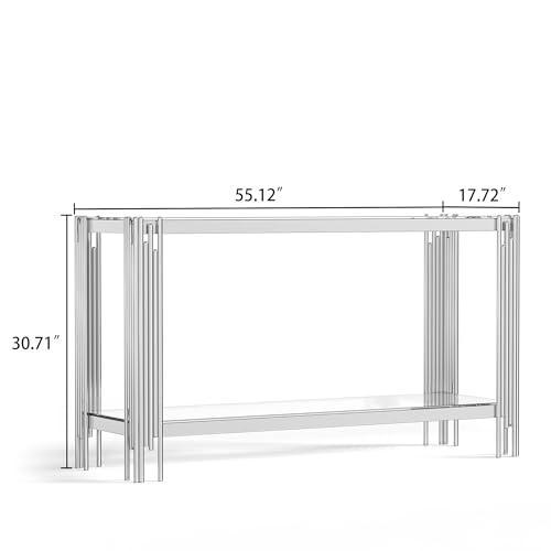 Goujxcy Modern Glass Console Table 55" Silver Entryway Table with Tempered Glass Top and Mirror Stainless Steel Legs,Luxury Rectangular Sofa Table for Living Room Hallway Corridor Table (Silver) Goujxcy