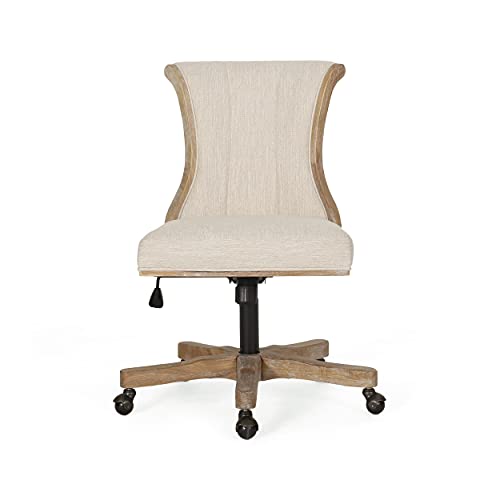 Astrivia Solid Wood Swivel Chair, Fabric Armless Office Chair, American Vintage Vanity Chair Adjustable Home Office Desk Chair for Women Farmhouse Study Studio Bedroom (Beige) Astrivia