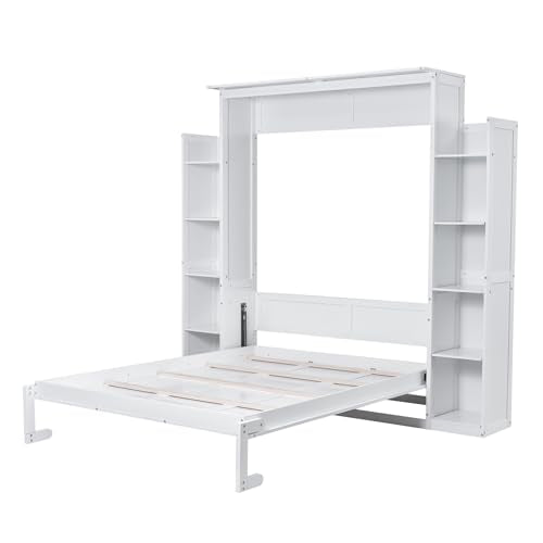 Ball & Cast Queen Size Murphy Bed Wall Bed with Shelves and LED Lights,can be Folded,Hideaway Cabinet Bed Frame W/ 2 Five-Layer Cabinets,Slat Support,for Apartment,Bedroom,Guest Room,White Ball & Cast