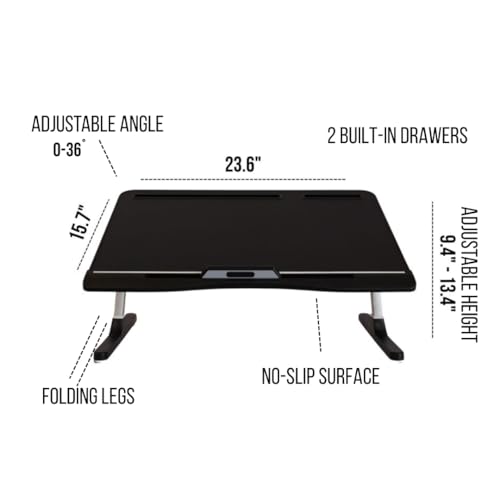 Xebec Air Desk Adjustable Laptop Lap Desk with Height & Tilt | Portable Standing Desk Converter | Foldable Bed Table with Storage Drawers & No-Slip Surface for Home Office Work Xebec
