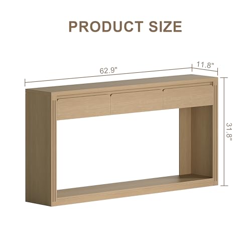 Treocho 63.9" Long Console Tables for Entryway, Farmhouse Entryway Table with Drawers, Narrow Sofa Table Behind Couch Table for Living Room, Entrance, Hallway, Natural Treocho