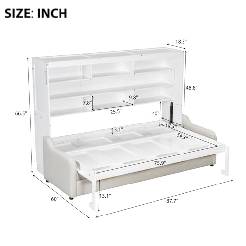 Quarte Full Size Murphy Bed with Folding Sofa & Built-in Storage Shelves, Space-Saving Wall Bed Frame with LED Lights, Safety Lock, Easy Assembly Quarte