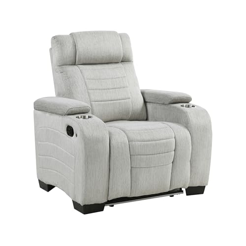 Lexicon Wall Hugger Manual Reclining Chair, Microfiber Manual Recliner with Cup Holders/Hidden Arm Storage/LED Base Lighting, Home Theater Seating for Living Room, Light Gray