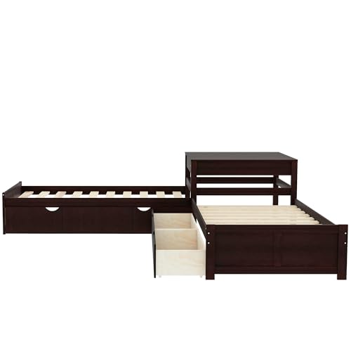 Harper & Bright Designs L-Shaped Platform Bed Frame with Trundle and Drawers Linked with Built-in Desk for Kids Boys Girls, Twin, Espresso Harper & Bright Designs