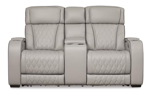Signature Design by Ashley Boyington Contemporary Leather Match Power Reclining Loveseat with Console and USB Charging Ports, LED Lights and Adjustable Headrest, Light Gray Signature Design by Ashley