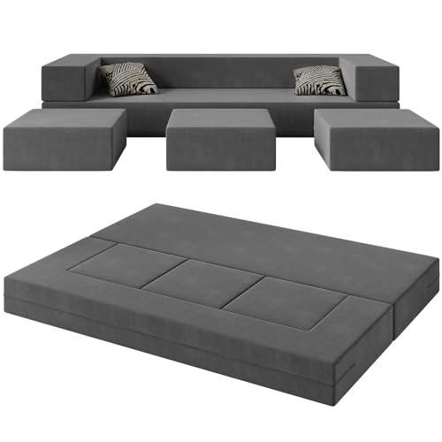 Vivaadecor Floor Sofa Bed, Queen Velvet Folding Sofa Couch with 3 Ottomans, Sleeper Foam Couch with Removable Cover, Futon Convertible Sofa Bed for Living Room/Guest/Play Room/Office/Dorm(Dark Grey) Vivaadecor