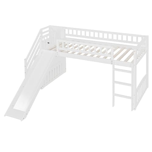 Harper & Bright Designs Kids Loft Bed with Slide and Storage Stairs, Twin Size Wooden Loft Bed with Built-in Ladder, White Harper & Bright Designs