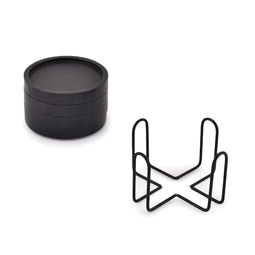 NIRMAN Wooden Coasters for Drinks Coffee Table, Round Drink Coasters with Holder for Tabletop Protection, Set of 4 (4" x 4" x 0.5") (Black) NIRMAN