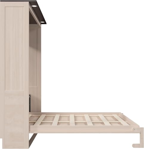 MERITLINE Queen Farmhouse Murphy Bed with LED, Solid Wood Vertical Murphy Wall Bed Cabinet for Adults (Natural Wood) MERITLINE