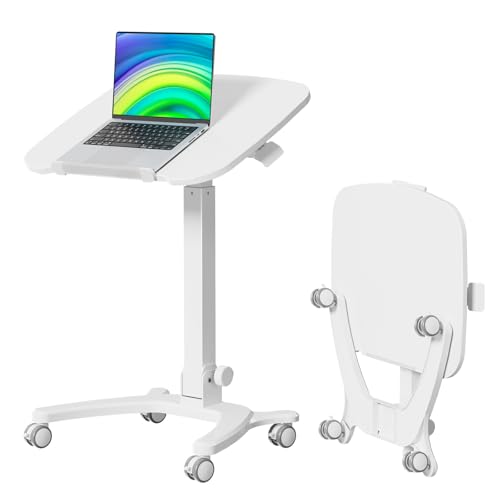 JYLH JOYSEEKER Foldable Mobile Standing Desk, 27"×21" Portable Rolling Laptop Cart with 90° Tiltable Board, Height Adjustable Workstation with Wheels, Folding Table for Home Office, White JYLH JOYSEEKER