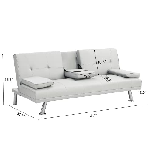 anwickjeff Convertible Folding Futon Sofa Bed with Metal Legs & 2 Cupholders, Modern New Upholstered Couch Loveseat Sleeper, Folding Couches Bed, Removable Armrests for Small Spaces (White) anwickjeff