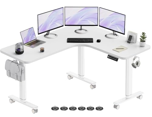 Flycity Electric L Shaped Standing Desk Adjustable Height, 63" x 55" Corner Stand Up Desk, Home Office Desk, Dual Motor Sit Stand Desk, Computer Desk with 3 Memory Preset & Lock, White Flycity